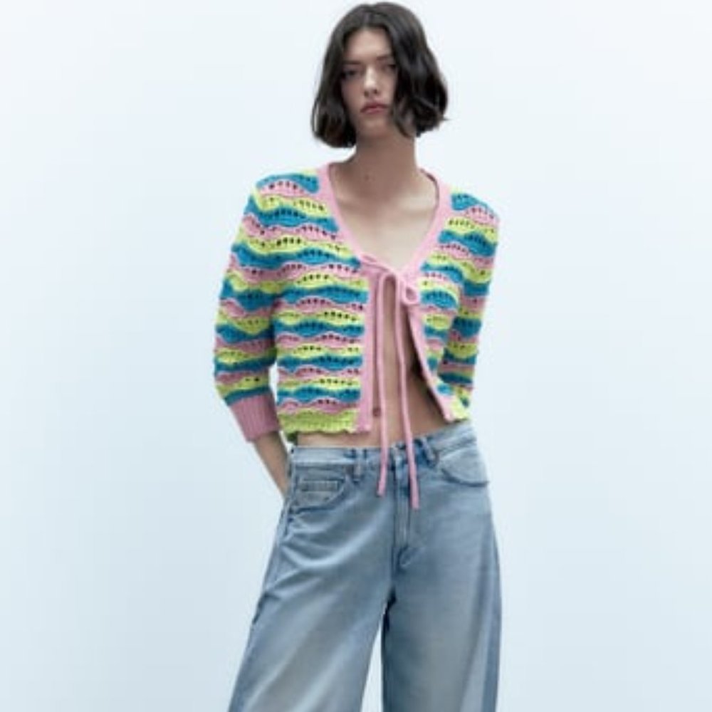 NWT Zara STRIPED KNIT MULTI COLOR Pink Yellow Blue CARDIGAN